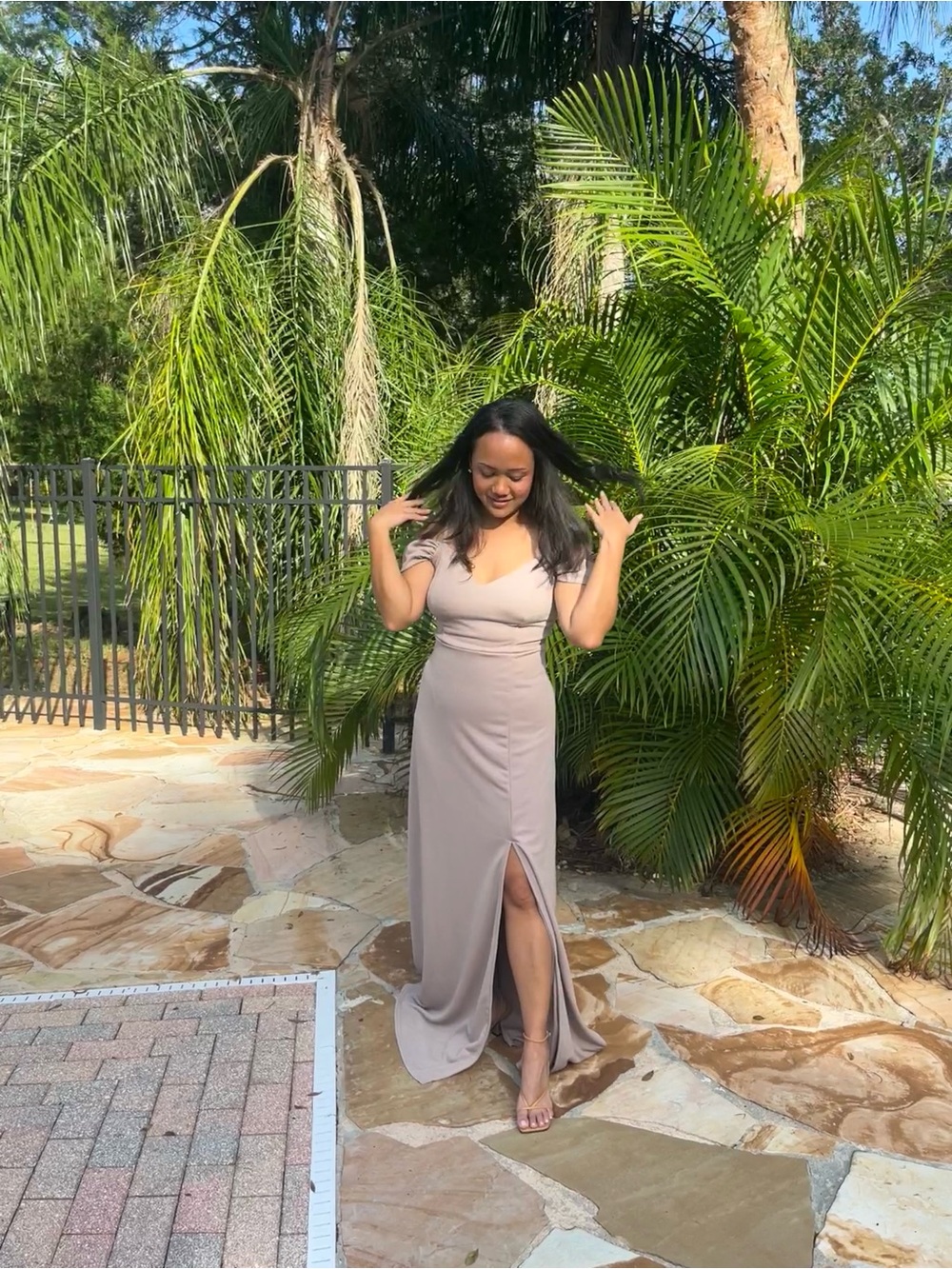 Cold shoulder Elegant Taupe Maxi Dress with Front Slit